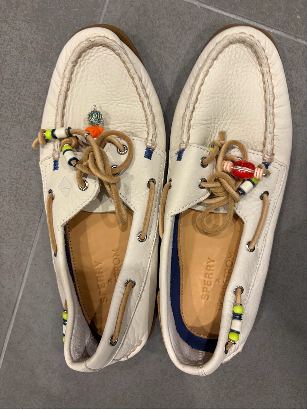 Sperry x Nordstrom collab. One of a kind beaded -White Leather Boat Shoes